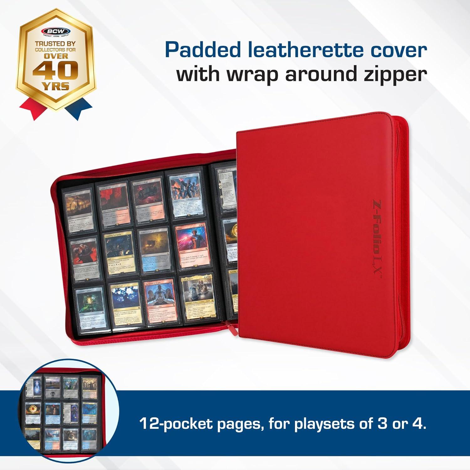 image:imageBCW ZFolio LX Zipper Portfolio Premium Red Leatherette 12Pocket Playset Album Secure Zipper 480 Card Capacity Card Collectors Dream Card Organizer Trading Card Storage