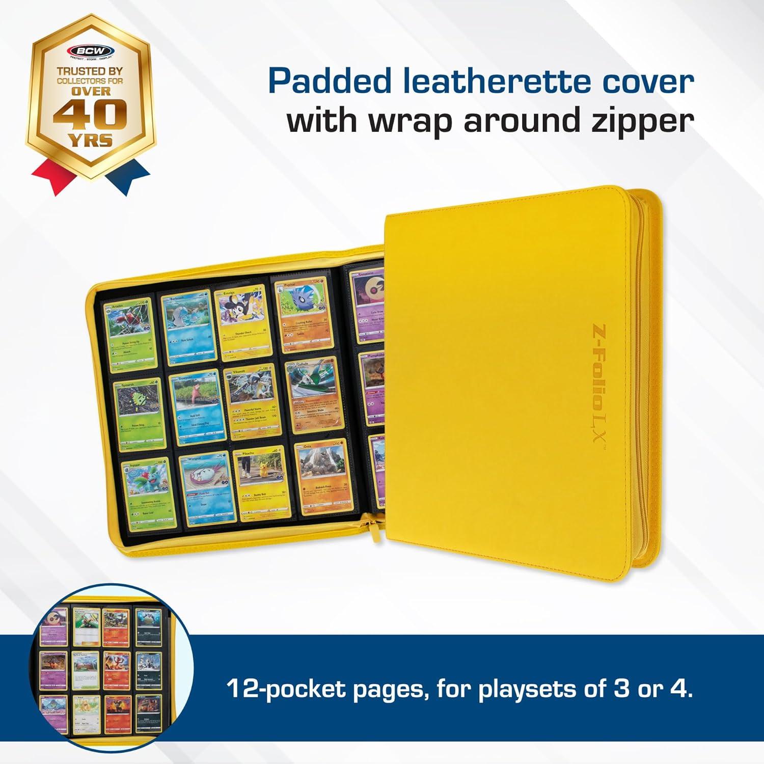 image:imageBCW ZFolio LX Zipper Portfolio Premium Yellow Leatherette 12Pocket Playset Album Secure Zipper 480 Card Capacity Card Collectors Dream Card Organizer Trading Card Storage