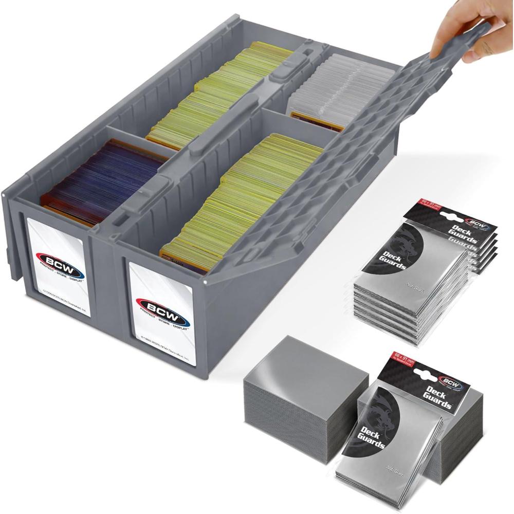 image:imageBCW 1600 Card Bin amp 500 Deck Guard Sleeves  Green  Holds 1600 Cards  Stackable Storage Bin  AntiGlare SleevesGrey