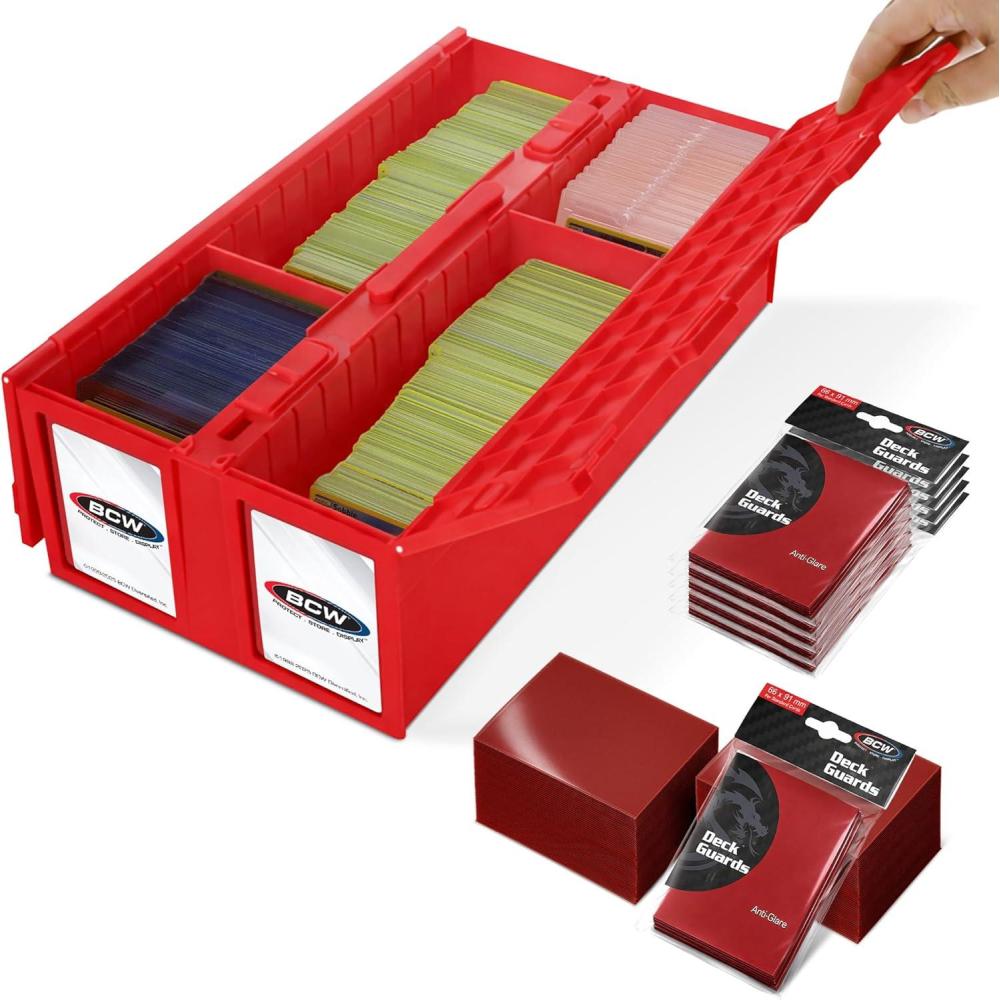 image:imageBCW 1600 Card Bin amp 500 Deck Guard Sleeves  Green  Holds 1600 Cards  Stackable Storage Bin  AntiGlare SleevesRed