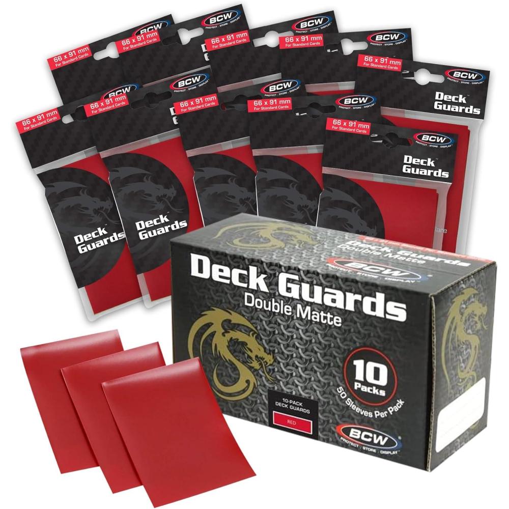 image:imageBCW Deck Guard Double Matte 500 Count Box 10 Packs of 50 Sleeves AcidFree No PVC Fits 25 x 35 Game Cards Archival Safe Sleeves for Card Protection RedRed