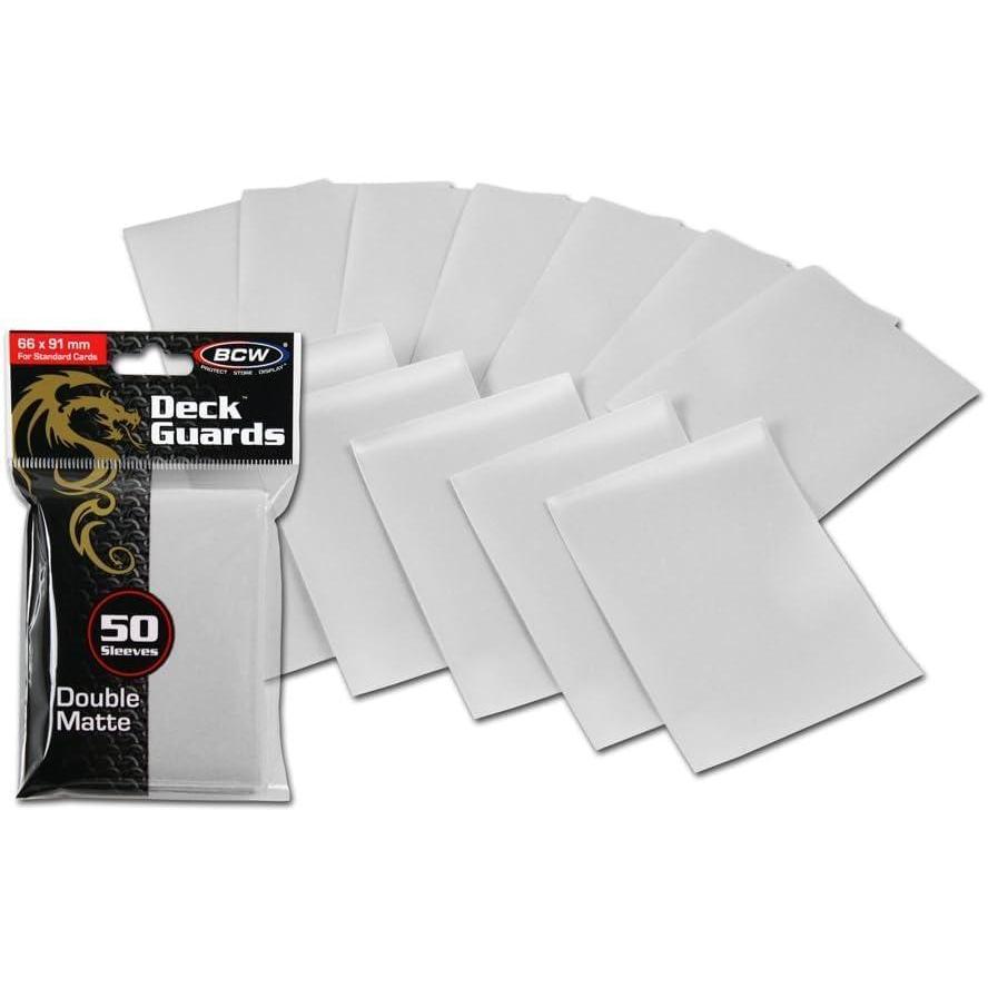 image:imageBCW Deck Guard  Double Matte White Card Sleeves  AcidFree ArchivalSafe No PVC  AntiGlare Matte Finish  Fits Standard 2 x 3 Game Cards  Durable Deck Protector Sleeves  50 Ct
