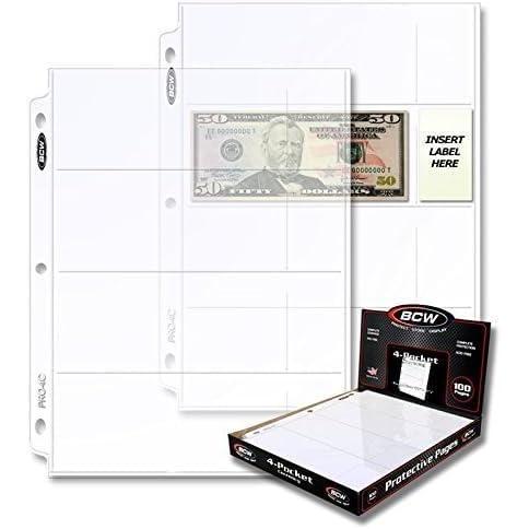 image:imageBCW Pro 4Pocket Currency Sleeves Pages 100 ct Fits 65 x 2 Bills 1 x 2 Label Pocket for Each Bill AcidFree Archival Quality Fits Standard 3Ring Binders HighClarity Polypropylene
