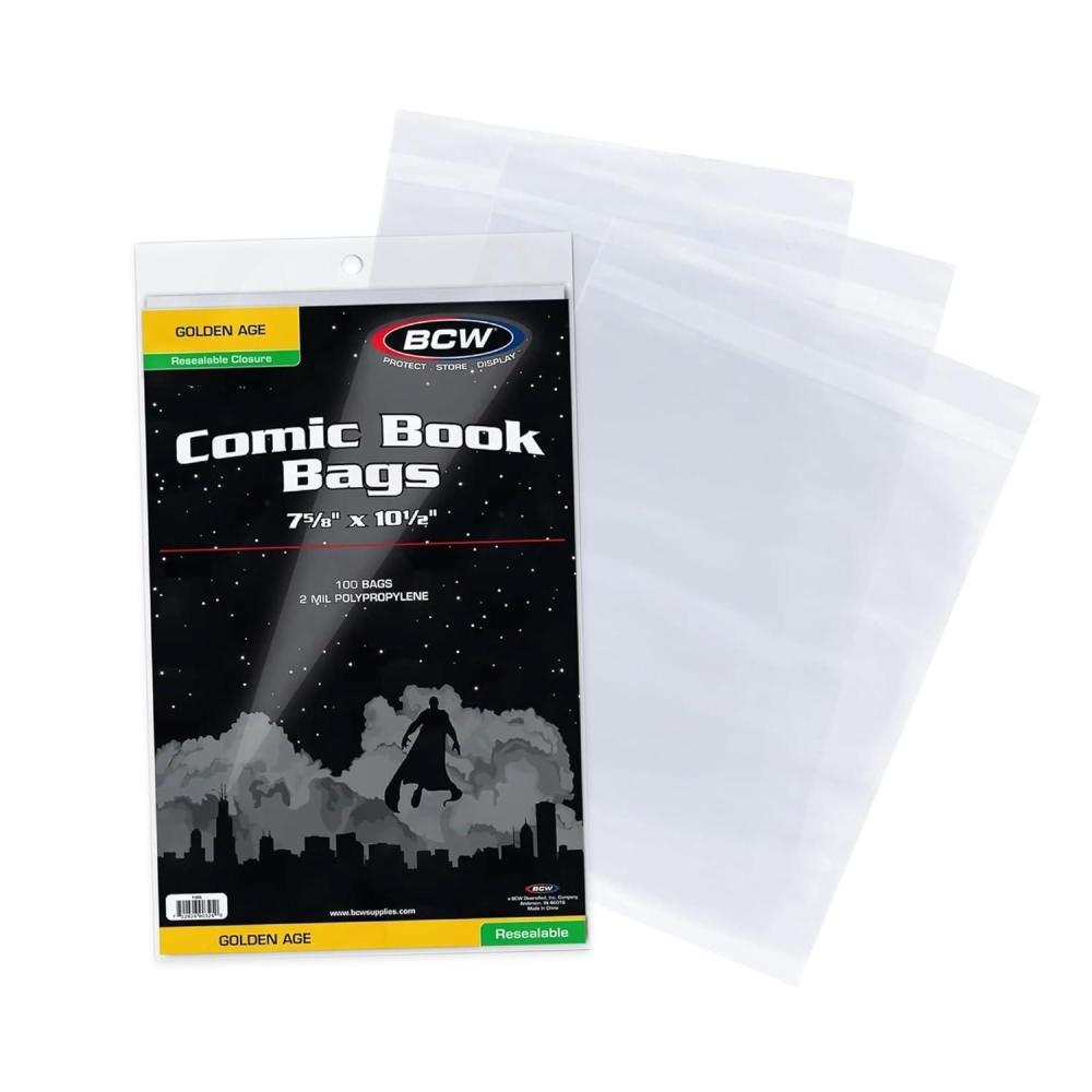 image:imageBCW Resealable Golden Age Comic Bags  100 Pack  Crystal Clear AcidFree Protection Polypropylene Sleeves  Comic Bags for Secure Storage of Standard Golden Comics Collection
