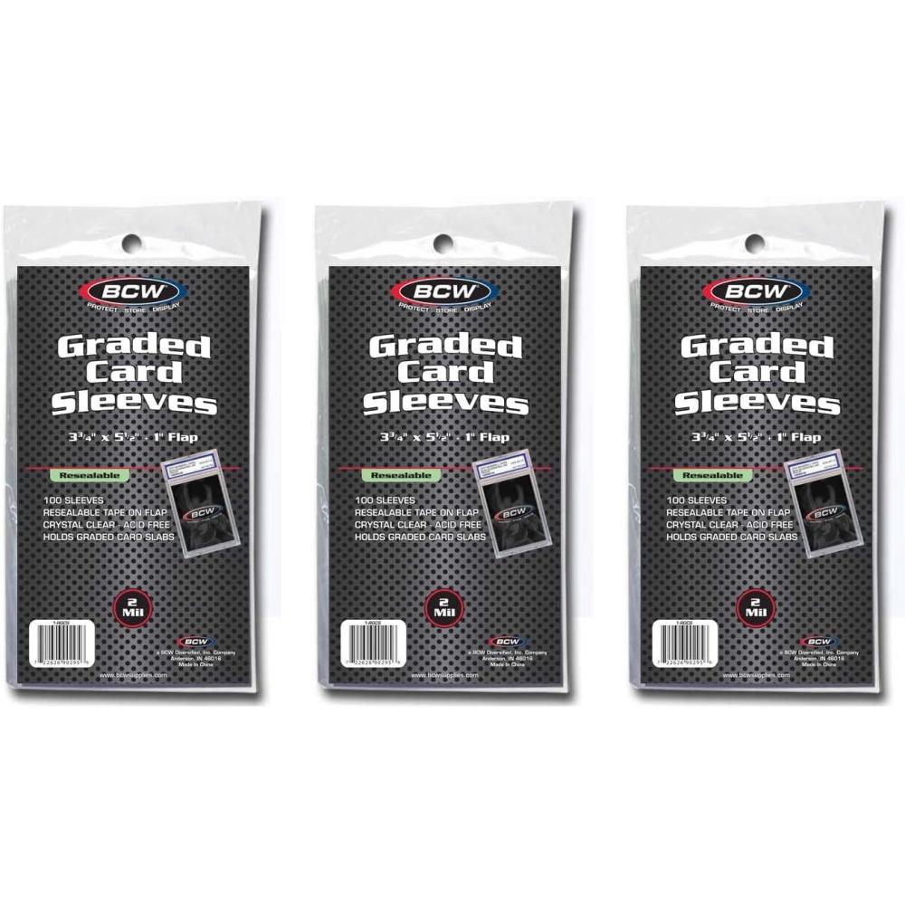 image:imageBCW Resealable Graded Card Sleeves 100 Pack Universal Fit for PSA Beckett SGC amp More AcidFree Archival Polypropylene 3 x 5 with 1 Flap300 Pack
