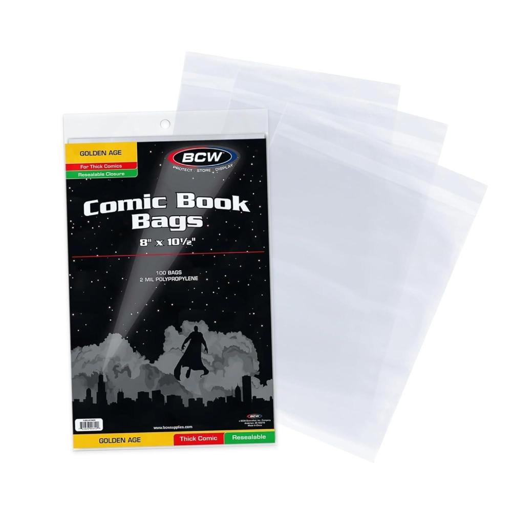 image:imageBCW Thick Resealable Golden Age Comic Bags 100 Pack Crystal Clear AcidFree Protection Polypropylene Sleeves Comic Bags for Secure Storage of Standard Golden Comics Collection