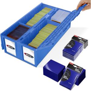 BCW 1600 Card Bin & 500 Deck Guard Sleeves – Green | Holds 1,600+ Cards | Stackable Storage Bin | Anti-Glare Sleeves(Blue)