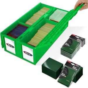 BCW 1600 Card Bin & 500 Deck Guard Sleeves – Green | Holds 1,600+ Cards | Stackable Storage Bin | Anti-Glare Sleeves(Green)