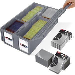 BCW 1600 Card Bin & 500 Deck Guard Sleeves – Green | Holds 1,600+ Cards | Stackable Storage Bin | Anti-Glare Sleeves(Grey)