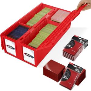 BCW 1600 Card Bin & 500 Deck Guard Sleeves – Green | Holds 1,600+ Cards | Stackable Storage Bin | Anti-Glare Sleeves(Red)