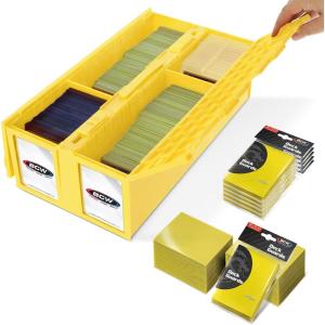 BCW 1600 Card Bin & 500 Deck Guard Sleeves – Green | Holds 1,600+ Cards | Stackable Storage Bin | Anti-Glare Sleeves(Yellow)