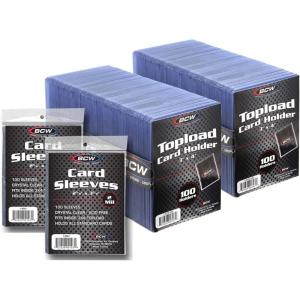 BCW 3×4 Topload Card Holders and Card Sleeves Combo | 100 Clear Plastic Toploaders and 100 Soft Card Sleeves | Protect, Store, and Display Trading Cards | Durable Card Storage Box for Collectors(200)