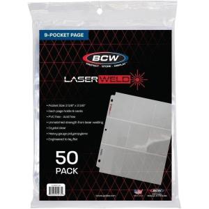 BCW LaserWeld 9 Pocket Pages – 100 Page Pack | Glass-Like Clear Flat Lay | Premium Ultra Flat and Clear Pocket Pages for Cards | Trading Card Binder Sleeves for Pokemon, MTG, Baseball, Basketball(50 Pack)
