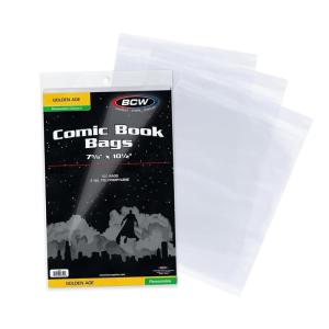 BCW Resealable Golden Age Comic Bags – 100 Pack | Crystal Clear, Acid-Free Protection, Polypropylene Sleeves | Comic Bags for Secure Storage of Standard Golden Comics Collection