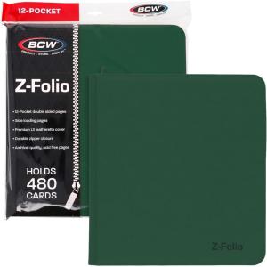 BCW Z-Folio LX Zipper Portfolio – Premium Green Leatherette 12-Pocket Playset Album – Secure Zipper – 480 Card Capacity – Card Collector’s Dream – Card Organizer – Trading Card Storage