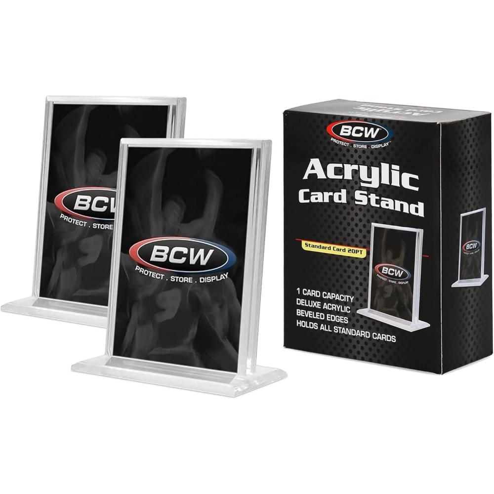 image:imageBCW Trading Card Display Stand  2ct Acrylic Card Holder Stand for Sports Cards Pokmon amp TCG  Stable Vertical Card Stand with Beveled Edges  Clear Sports Card Display Stand2