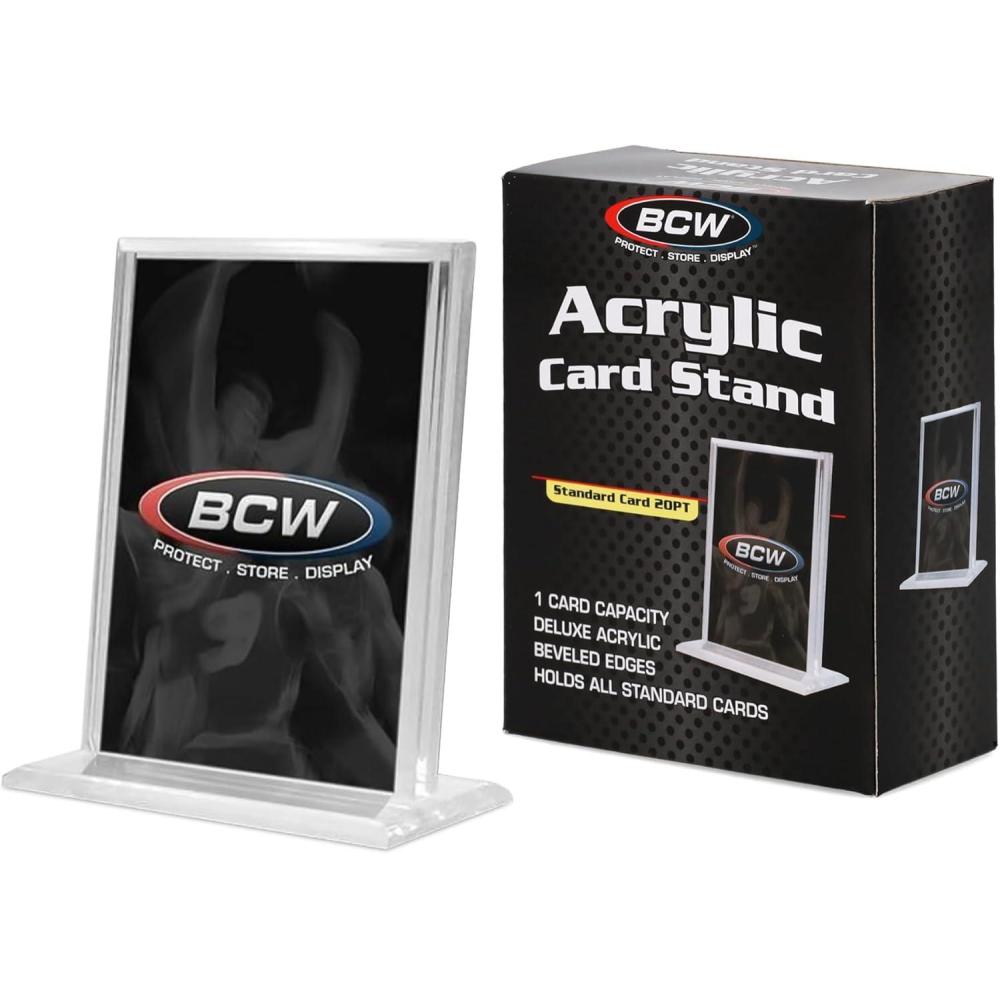 image:imageBCW Trading Card Display Stand  2ct Acrylic Card Holder Stand for Sports Cards Pokmon amp TCG  Stable Vertical Card Stand with Beveled Edges  Clear Sports Card Display Stand1