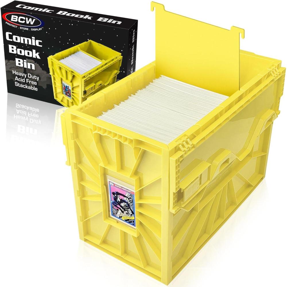 image:imageBCW Short Comic Book Bin  Holds 150 Comics  Stackable Plastic Storage  AcidFree Organizer  Yellow 5 PackSingle