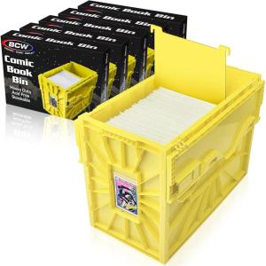 BCW Short Comic Book Bin | Holds 150 Comics | Stackable Plastic Storage | Acid-Free Organizer | Yellow, 5 Pack(5 Pack)