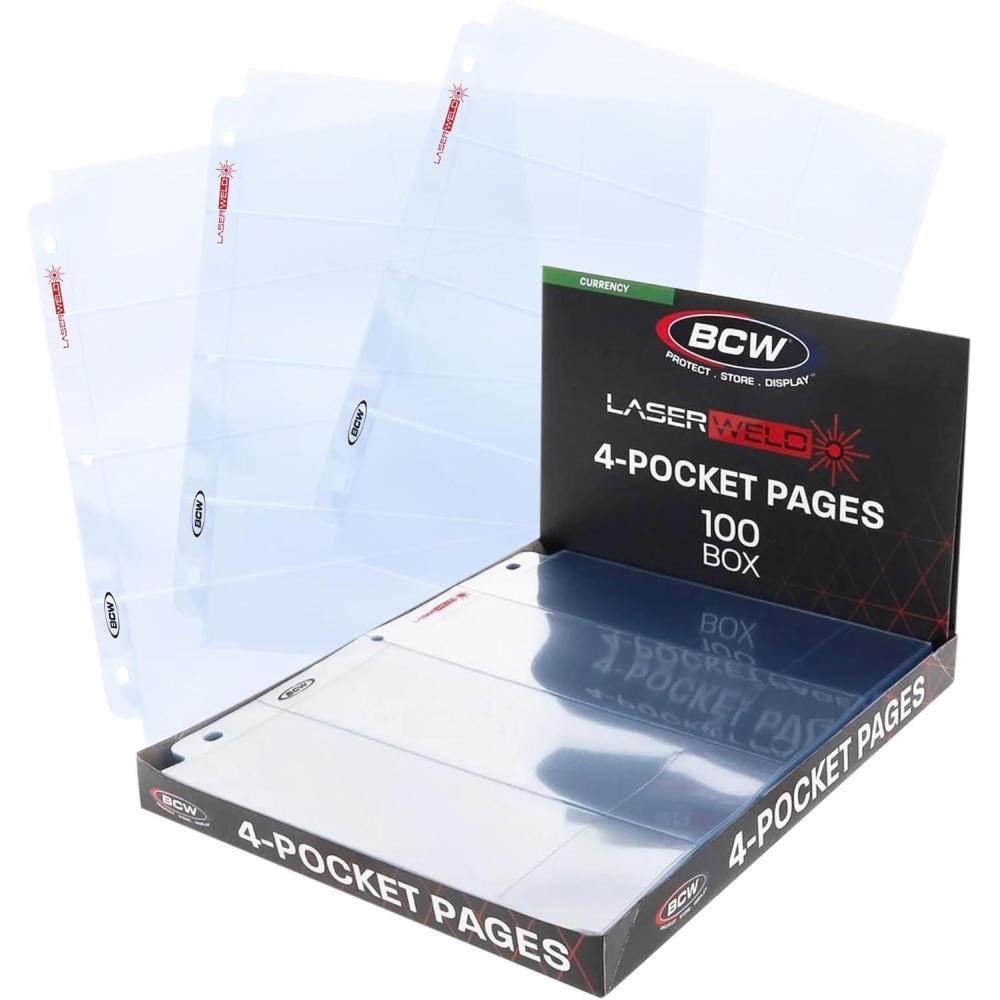image:imageBCW LaserWeld 4Pocket Currency Page 100ct Holds 4 Regular Bills with Label Pocket AcidFree Polypropylene Top Loading LaserWelded Pages Flat GlareFree Display for 3Ring Binders