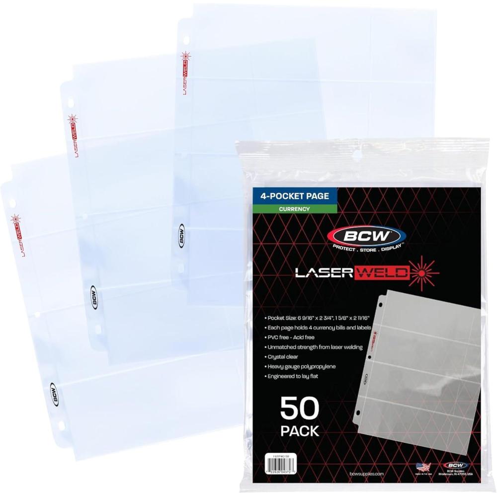 image:imageBCW LaserWeld 4Pocket Currency Page 100ct Holds 4 Regular Bills with Label Pocket AcidFree Polypropylene Top Loading LaserWelded Pages Flat GlareFree Display for 3Ring Binders50 Pack