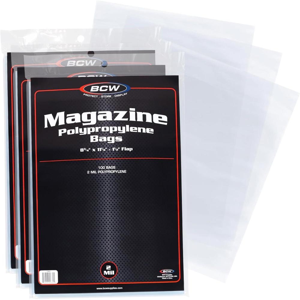 image:imageBCW Magazine Bags 300 Count Fits Standard 85 x 11 Inch Magazines AcidFree Polypropylene Magazine Sleeves with FoldOver Tape Flap Archival Plastic Magazine Protectors for Collectors