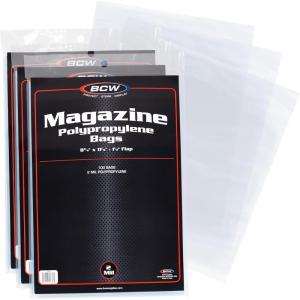 BCW Magazine Bags – 300 Count | Fits Standard 8.5 x 11 Inch Magazines | Acid-Free Polypropylene Magazine Sleeves with Fold-Over Tape Flap | Archival Plastic Magazine Protectors for Collectors